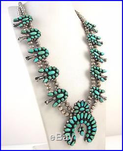 Old Pawn Navajo 925 Sterling Silver Natural Turquoise Squash Blossom Necklace J