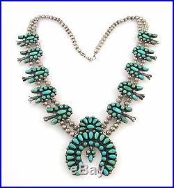 Old Pawn Navajo 925 Sterling Silver Natural Turquoise Squash Blossom Necklace J