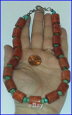 Old Pawn Navajo Coral, Turquoise & Sterling Silver Heishi Necklace 74.3GSigned