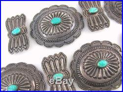 Old Pawn Navajo Hand Stamped Sterling Silver Carved Turquoise Concho Belt Set J