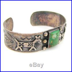 Old Pawn Navajo Hand Stamped Sterling Silver Turquoise Cuff Bracelet G O