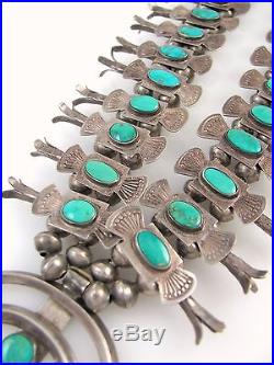 Old Pawn Navajo Hand Stamped Sterling Silver Turquoise Squash Blossom Necklace J