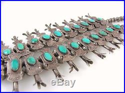 Old Pawn Navajo Hand Stamped Sterling Silver Turquoise Squash Blossom Necklace J