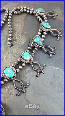 Old Pawn Navajo Handmade 925 Sterling Silver Turquoise Squash Blossom Necklace