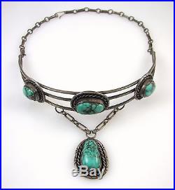 Old Pawn Navajo Handmade Sterling Silver Easter Blue Turquoise Choker Necklace J