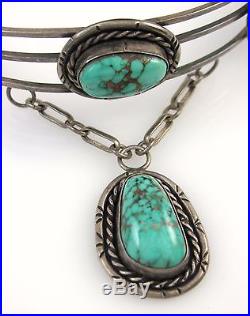 Old Pawn Navajo Handmade Sterling Silver Easter Blue Turquoise Choker Necklace J