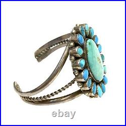 Old Pawn Navajo Handmade Sterling Silver Turquoise Cluster Cuff Bracelet