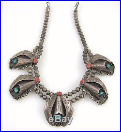 Old Pawn Navajo Handmade Sterling Silver Turquoise Coral Necklace 16.5 J TI