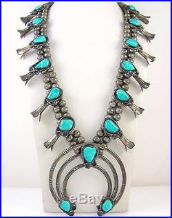 Old Pawn Navajo Handmade Sterling Silver Turquoise Squash Blossom Necklace J OX