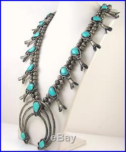 Old Pawn Navajo Handmade Sterling Silver Turquoise Squash Blossom Necklace J OX