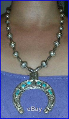 Old Pawn Navajo Handmade Turquoise & Sterling Silver Squash Blossom Necklace25