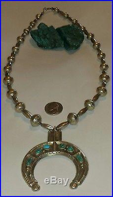 Old Pawn Navajo Handmade Turquoise & Sterling Silver Squash Blossom Necklace25