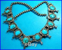 Old Pawn Navajo Heavy 152 gr Sterling Silver Turquoise Squash Blossom Necklace