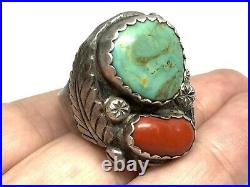 Old Pawn Navajo Native Sterling Silver Turquoise Coral Huge Mens Ring (Sz. 12)