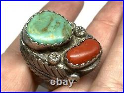 Old Pawn Navajo Native Sterling Silver Turquoise Coral Huge Mens Ring (Sz. 12)