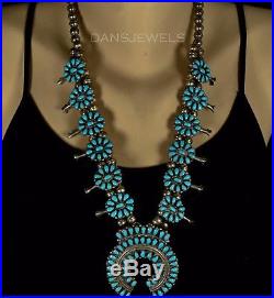 Old Pawn Navajo Petit Point TURQUOISE SQUASH BLOSSOM Sterling Silver Necklace
