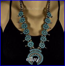 Old Pawn Navajo Petit Point TURQUOISE SQUASH BLOSSOM Sterling Silver Necklace