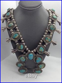 Old Pawn Navajo Signed LR Sterling Silver Turquoise Squash Blossom Necklace REE