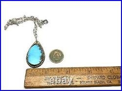 Old Pawn Navajo Signed Sterling Silver Turquoise Pendant 17 Chain Necklace