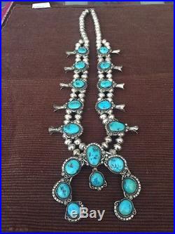 Old Pawn Navajo Squash Blossom Necklace Sterling Silver And Turquoise