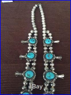 Old Pawn Navajo Squash Blossom Necklace Sterling Silver And Turquoise