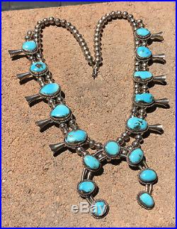 Old Pawn Navajo Sterling Silver Bisbee Turquoise Squash Blossom Necklace 25