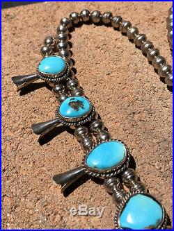 Old Pawn Navajo Sterling Silver Bisbee Turquoise Squash Blossom Necklace 25