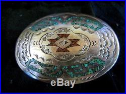 Old Pawn Navajo Sterling Silver Inlay Turquoise & Coral Oval Belt Buckle