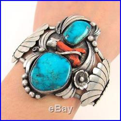 Old Pawn Navajo Sterling Silver Leaf Applique Turquoise Coral Cuff BraceletRS