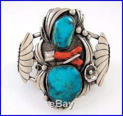 Old Pawn Navajo Sterling Silver Leaf Applique Turquoise Coral Cuff BraceletRS