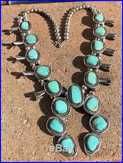 Old Pawn Navajo Sterling Silver Royston Turquoise Squash Blossom Necklace 26