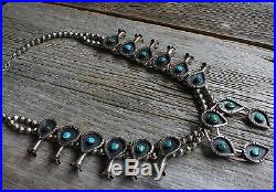 Old Pawn Navajo Sterling Silver Turquoise Vintage Squash Blossom Necklace 186 gr