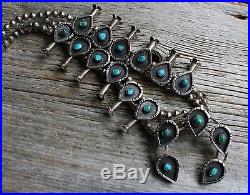 Old Pawn Navajo Sterling Silver Turquoise Vintage Squash Blossom Necklace 186 gr