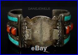Old Pawn Navajo TURQUOISE & RED CORAL Sterling Silver Watch CUFF Bracelet