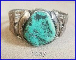 Old Pawn Navajo Turquoise Bracelet, 1950-60's Men's Sterling Silver Cuff 7.25