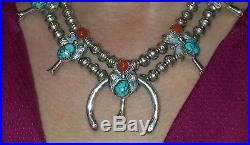 Old Pawn Navajo Turquoise, Coral & Sterling Silver Squash Blossom Necklace 18