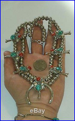 Old Pawn Navajo Turquoise, Coral & Sterling Silver Squash Blossom Necklace 18