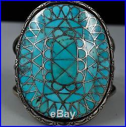 Old Pawn Navajo Turquoise Flush Fish Scale Inlay Sterling Silver Cuff Bracelet