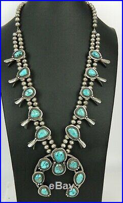 Old Pawn Navajo Turquoise Squash Blossom Naja Sterling Bench Bead Necklace
