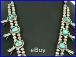 Old Pawn Navajo Turquoise Squash Blossom Naja Sterling Bench Bead Necklace