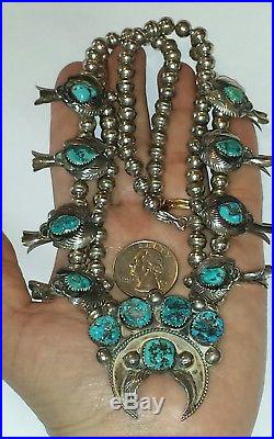 Old Pawn Navajo Turquoise & Sterling Silver Squash Blossom Necklace 21LSigned