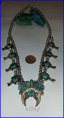 Old Pawn Navajo Turquoise & Sterling Silver Squash Blossom Necklace 21LSigned
