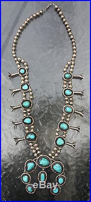 Old Pawn Navajo Turquoise Sterling Silver Squash Blossom Necklace Gorgeous