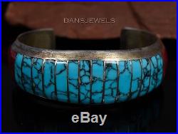 Old Pawn Navajo Turquoise & Syn. Sea Coral FLUSH Set Sterling Silver Bracelet