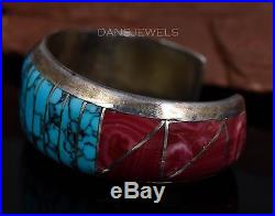 Old Pawn Navajo Turquoise & Syn. Sea Coral FLUSH Set Sterling Silver Bracelet