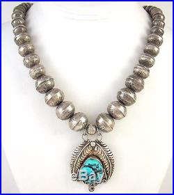 Old Pawn Signed JT Navajo Sterling Silver Turquoise Stamped Bead Necklace J TI