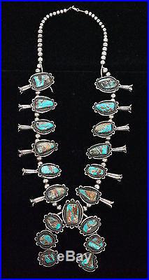 Old Pawn Sterling Silver Bisbee Turquoise Squash Blossom Necklace 288 Grams