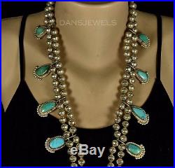 Old Pawn Vintage NAVAJO Sterling Silver Mixed Turquoise Squash Blossom Necklace
