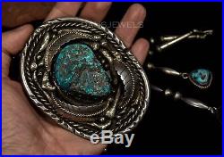 Old Pawn Vintage Navajo HUGE TURQUOISE Sterling Silver Bolo Necklace