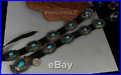 Old Pawn Vintage Navajo TURQUOISE Sterling Silver with Leather 45 CONCHO BELT
